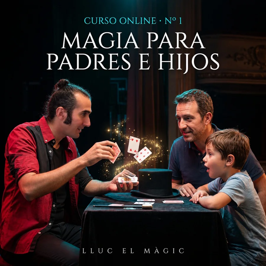 Lluc el Màgic enseña un juego de cartas a un padre y a su hijo: portada del curso Magia para padres e hijos